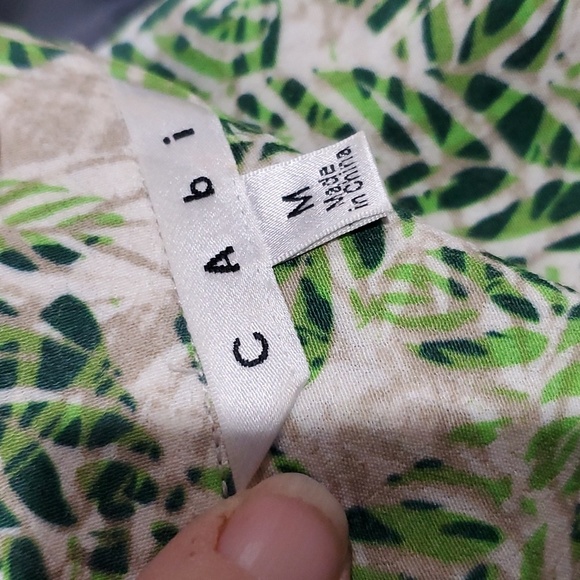 Cabi 3/4 sleeve faux wrap green tan leaf pattern mini dress - Picture 7 of 8